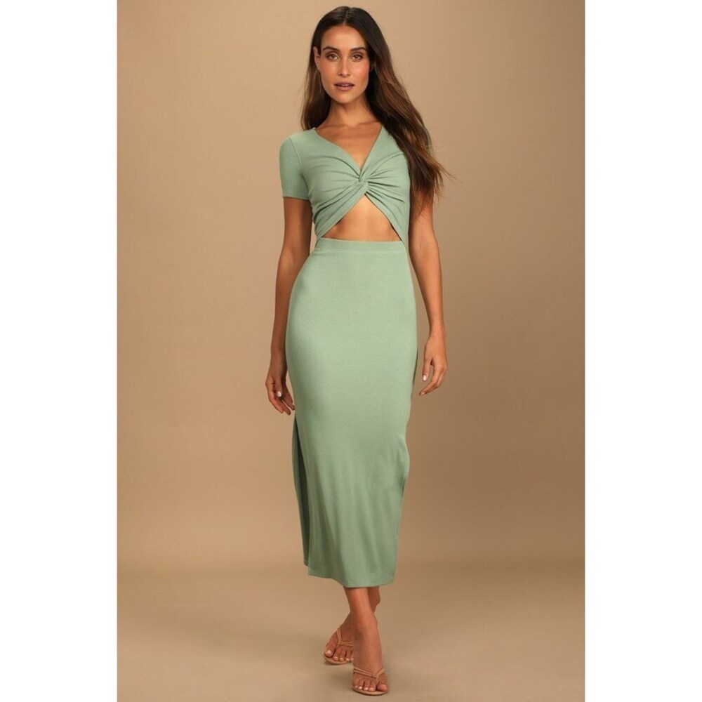 Style Twist Sage Green Twist Front Cutout Midi Dress